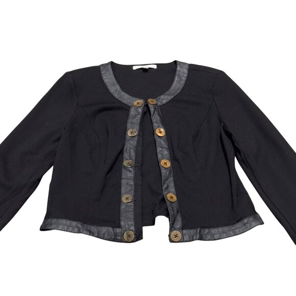Cabi Black Button-Up Cardigan Jacket With Faux Leather Trim & Gold Buttons - Picture 3 of 8